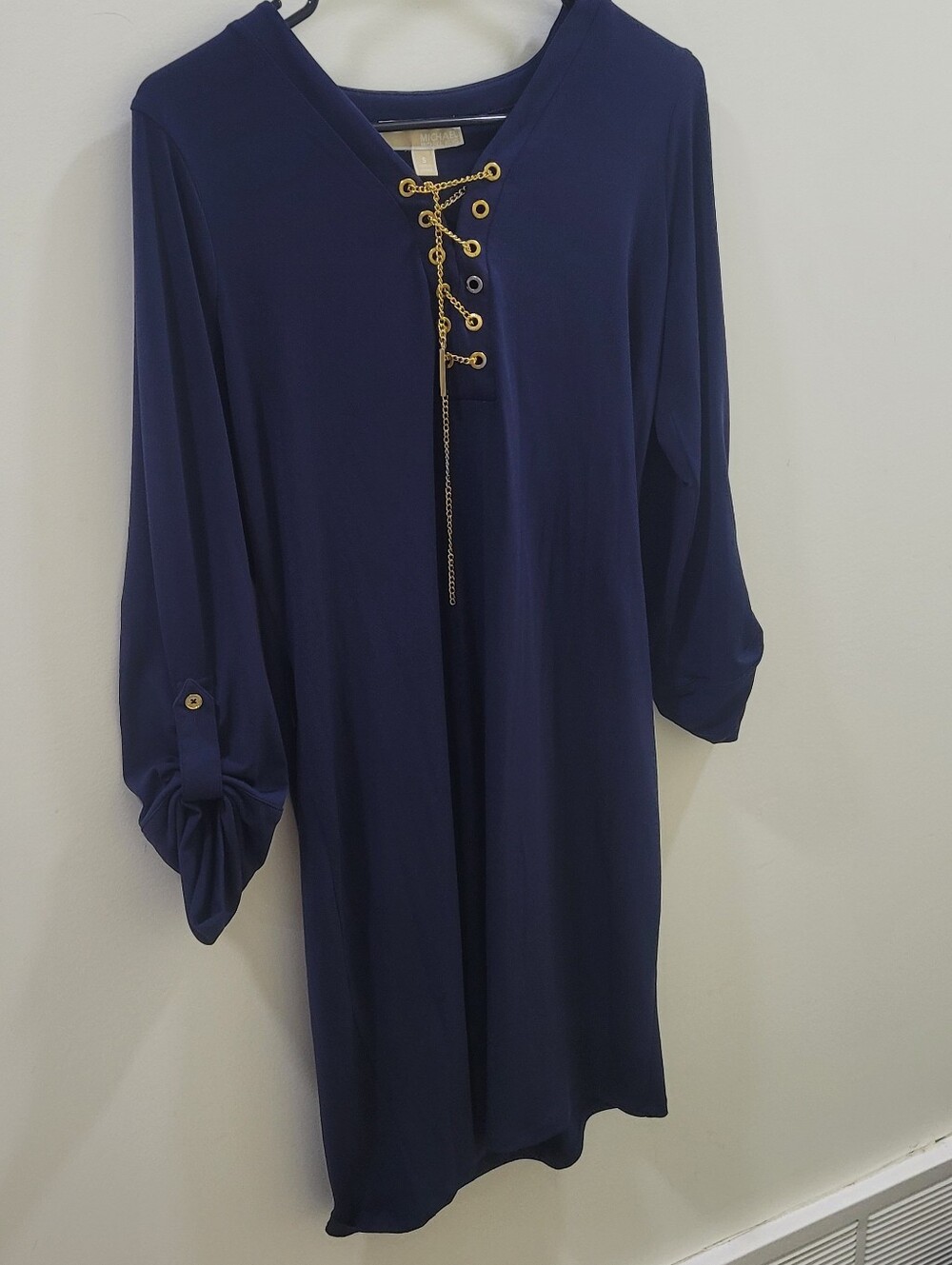 Michael Kors Deep Navy Lace-Up V-Neck Long Sleeves Dress Gold Chains Elegant S